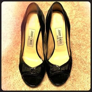 Jimmy Choo black satin peep-toe pumps